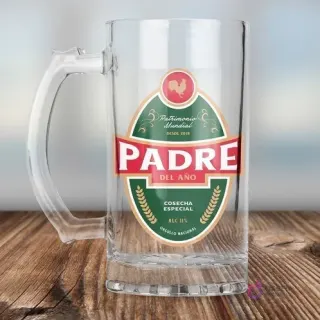 Chopero de vidrio con plantilla de sublimación Día del Padre en verde y rojo, diseño con gallo y texto 'PATRIMONIO MUNDIAL COSECHA ESPECIAL'.