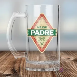 Chopero de vidrio transparente con plantilla de sublimación Día del Padre en forma de diamante, diseño verde y rojo con texto 'MEJOR PADRE'.
