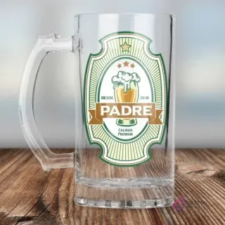 Chopero de vidrio sublimado con diseño del Día del Padre 'PADRE CALIDAD PREMIUM' en tonos verdes y beige, con una jarra de cerveza espumosa.