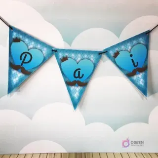 Banderines decorativos de papel en azul y blanco con las letras 'P-A-I', corazones y bigotes, ideales para la decoración de un Candy Bar temático del Día del Padre.