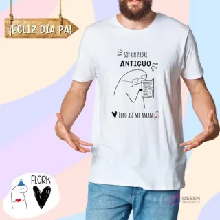 Hombre luciendo polera blanca sublimada con Flork leyendo un periódico y la leyenda 'Soy un padre ANTIGUO PERO ASÍ ME AMAN'. Entorno de Día del Padre.