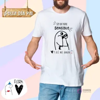 Hombre vistiendo polera blanca con diseño Flork 'Soy un padre SENSIBLE PERO ASÍ ME AMAN'. En la esquina inferior izquierda, el logo de Flork.