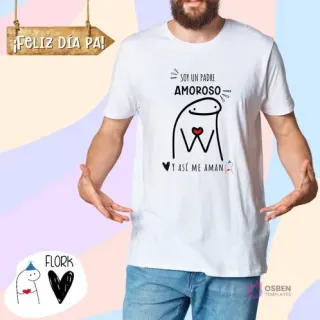 Hombre modelando polera blanca con estampado Flork 'Soy un padre AMOROSO PERO ASÍ ME AMAN', con forma de corazón. Temática de Día del Padre.