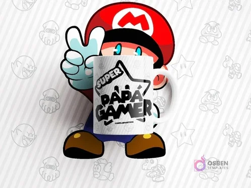 Mockup de taza blanca con diseño 'SUPER PAPÁ GAMER' y personaje de Mario Bros con fondo rayado y dibujos de fantasmas, estrellas y calamares