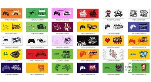 Muestrario completo de 30 diseños variados de plantillas para sublimación de tazas con temática del Día del Padre Gamer, incluyendo mandos, texto y personajes