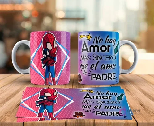 Tazas sublimadas Día del Padre con diseño de Spider-Man padre abrazando a Spider-Man bebé y frase No hay amor más sincero que el amor de Padre. Incluye plantilla de sublimación del diseño.