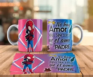 Tazas sublimadas Día del Padre con diseño de Spider-Man padre abrazando a Spider-Man bebé y frase No hay amor más sincero que el amor de Padre. Incluye plantilla de sublimación del diseño.