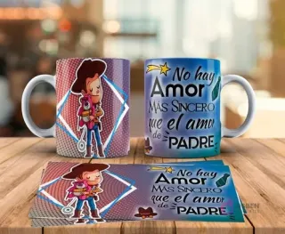 Tazas sublimadas Día del Padre con diseño de Woody de Toy Story abrazando a Lotso versión bebé y frase No hay amor más sincero que el amor de Padre. Incluye plantilla de sublimación.