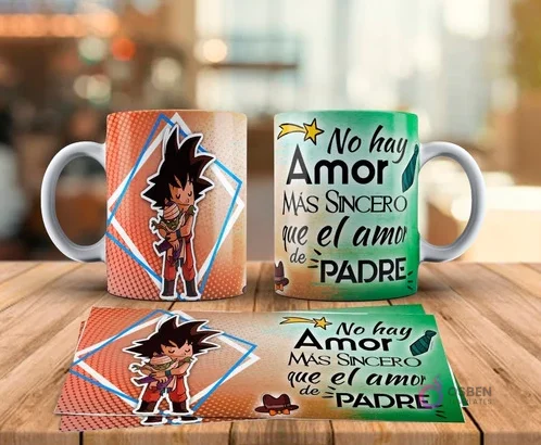 Tazas sublimadas Día del Padre con diseño de Goku padre abrazando a Goku bebé de Dragon Ball Z y frase No hay amor más sincero que el amor de Padre. Incluye plantilla de sublimación.
