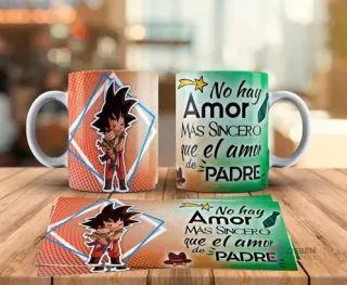 Tazas sublimadas Día del Padre con diseño de Goku padre abrazando a Goku bebé de Dragon Ball Z y frase No hay amor más sincero que el amor de Padre. Incluye plantilla de sublimación.