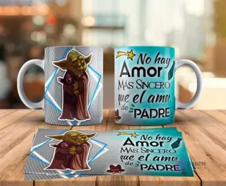 Tazas sublimadas Día del Padre con diseño de Yoda abrazando a Grogu (Baby Yoda) de Star Wars y frase No hay amor más sincero que el amor de Padre. Incluye plantilla de sublimación.