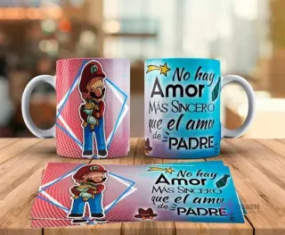 Tazas sublimadas Día del Padre con diseño de Mario de Super Mario Bros abrazando a Yoshi bebé y frase No hay amor más sincero que el amor de Padre. Incluye plantilla de sublimación.