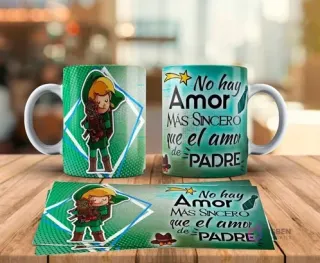 Tazas sublimadas Día del Padre con diseño de Link de Zelda abrazando a una criatura del bosque versión bebé y frase No hay amor más sincero que el amor de Padre. Incluye plantilla de sublimación.