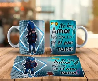 Tazas sublimadas Día del Padre con diseño de Capitán América padre abrazando a Capitán América bebé y frase No hay amor más sincero que el amor de Padre. Incluye plantilla de sublimación.
