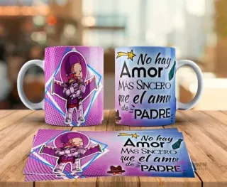 Tazas sublimadas Día del Padre con diseño de Buzz Lightyear de Toy Story abrazando a un Alien bebé y frase No hay amor más sincero que el amor de Padre. Incluye plantilla de sublimación.