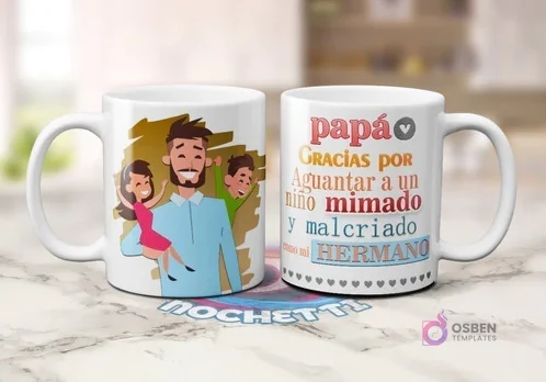 Dos tazas blancas de sublimación del Día del Padre con diseño de padre abrazando a sus hijos y frase 'papá GRACIAS por Aguantar a un niño mimado y malcriado como mi HERMANO'.