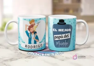 Dos tazas blancas de sublimación con diseño azul. Una con padre cargando a hijo y nombre 'RODRIGO'. Otra con frase 'EL MEJOR papá del Mundo' dentro de botella con sombrero.