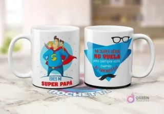 Dos tazas blancas de sublimación. Una con 'SUPER PAPÁ' de caricatura cargando a sus hijos. Otra con frase 'MI SUPER HÉROE NO VUELA pero siempre está cuando lo necesito' con gafas y bigote.