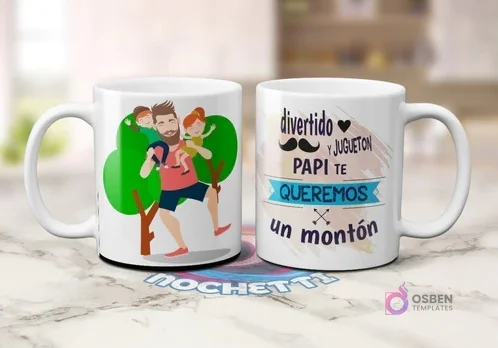 Dos tazas blancas de sublimación. Una con caricatura de padre barbudo con sus hijos entre árboles. Otra con frase 'divertido Y JUGUETON PAPI TE QUEREMOS un montón' con bigote.