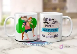 Dos tazas blancas de sublimación. Una con caricatura de padre barbudo con sus hijos entre árboles. Otra con frase 'divertido Y JUGUETON PAPI TE QUEREMOS un montón' con bigote.
