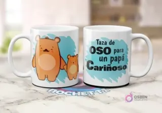 Dos tazas blancas de sublimación con diseño de osos. Una con oso padre y osezno de la mano. Otra con frase 'Taza de OSO para un papá Cariñoso' con fondo azul.
