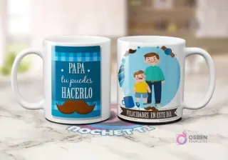 Dos tazas blancas de sublimación. Una con fondo a cuadros azul y frase 'PAPÁ tu puedes HACERLO' con bigote. Otra con padre e hijo y elementos masculinos con 'FELICIDADES EN ESTE DÍA'.