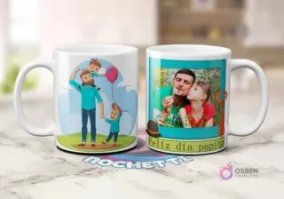 Dos tazas blancas de sublimación. Una con caricatura de padre con dos hijos y un globo. Otra con una foto real de padre besando a hijo y la frase 'Feliz día papito'.