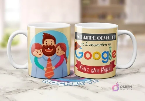 Mockup de dos tazas sublimadas con plantillas para el Día del Padre: una con ilustración de papá abrazando a sus hijos y otra con mensaje 'Un padre como tú no lo encuentra ni Google Feliz Día Papá'.