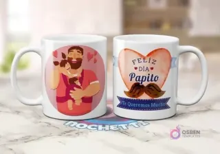 Dos tazas sublimadas mostrando plantillas para el Día del Padre: una con caricatura de papá cargando a dos bebés y otra con corazón y mensaje 'Feliz Día Papito' y bigote.