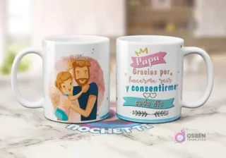 Mockup de dos tazas para el Día del Padre: una con diseño de papá y su hija con corona, y otra con mensaje 'Papá Gracias por hacerme reír y consentirme cada día'.
