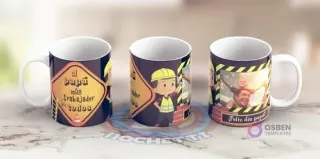 Tres tazas sublimadas con temática de construcción para el Día del Padre: una con mensaje 'al Papá más trabajador', otra con niño constructor y una tercera con marco de foto y '¡Feliz día papá!'.