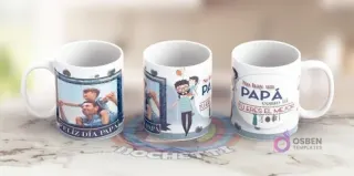 Tazas del Día del Padre con diseños en tonos azules: una con marco de foto, otra con papá y niño al hombro, y una tercera con mensaje 'No hay un PAPÁ como tú TU ERES EL MEJOR' y elementos cotidianos.