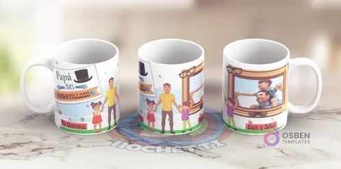 Mockup de tres tazas con plantillas de sublimación para el Día del Padre: una con top hat y mensaje 'Papá eres MARAVILLOSO', otra con papá y dos hijos, y una tercera con marco de foto de gafas.