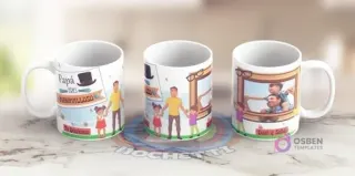 Mockup de tres tazas con plantillas de sublimación para el Día del Padre: una con top hat y mensaje 'Papá eres MARAVILLOSO', otra con papá y dos hijos, y una tercera con marco de foto de gafas.