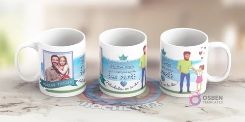 Mockup de tazas sublimadas para el Día del Padre: una con marco de foto personalizable, otra con mensaje 'Eres el Rey de los Días y tu siempre serás PAPÁ' con corona, y una tercera con ilustración de papá y niño caminando de la mano.