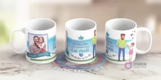 Mockup de tazas sublimadas para el Día del Padre: una con marco de foto personalizable, otra con mensaje 'Eres el Rey de los Días y tu siempre serás PAPÁ' con corona, y una tercera con ilustración de papá y niño caminando de la mano.