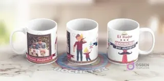 Tazas del Día del Padre con diseños variados: una con marco de foto para nombre, otra con temática de vaqueros (papá e hijo), y una tercera con mensaje 'El mejor PADRE por siempre' y elementos de vestimenta.