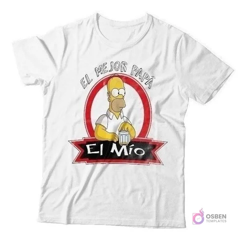 Polera blanca sublimada con un diseño de Homer Simpson de Los Simpsons, sosteniendo una cerveza y la frase 'El Mejor Papá El Mío', ideal para un regalo divertido del Día del Padre.