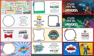 Collage con doce plantillas variadas para sublimación del Día del Padre, incluyendo marcos personalizables, diseños de texto como 'Papá Te Quiero', motivos de traje, náuticos, espaciales y otros mensajes.