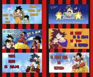 Collage con seis plantillas de sublimación temáticas de Dragon Ball Z para el Día del Padre, mostrando a Goku y Gohan con frases como 'Papá Eres mi Héroe' y 'El Mejor Papá del Universo'.