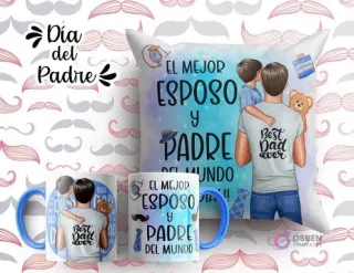 Plantilla sublimación cojín y tazas Día del Padre con ilustración de padre y dos hijos, frase 'El mejor esposo y padre del mundo', fondo azul acuarela y bigotes.