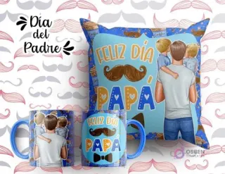 Plantilla sublimación cojín y tazas Día del Padre con ilustración de padre y dos hijos, frase 'Feliz Día Papá' con bigote decorativo, fondo azul oscuro con detalles de café.