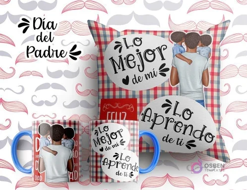 Plantilla sublimación cojín y tazas Día del Padre con ilustración de padre y dos hijos, frases 'Lo Mejor de mi' y 'Lo Aprendo de ti', fondo a cuadros rojos.