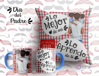 Plantilla sublimación cojín y tazas Día del Padre con ilustración de padre y dos hijos, frases 'Lo Mejor de mi' y 'Lo Aprendo de ti', fondo a cuadros rojos.