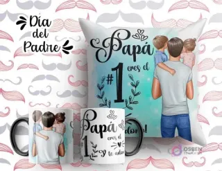 Plantilla sublimación cojín y tazas Día del Padre con ilustración de padre con hija y hijo, frase 'Papá eres el #1', fondo azul degradado con laurel.