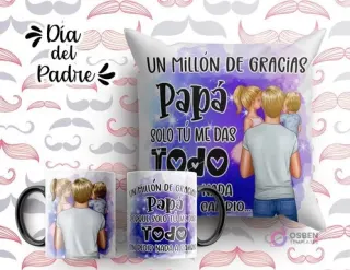 Plantilla sublimación cojín y tazas Día del Padre con ilustración de padre con hija y hijo, frase 'Un millón de gracias Papá, solo tú me das TODO', fondo morado acuarela.