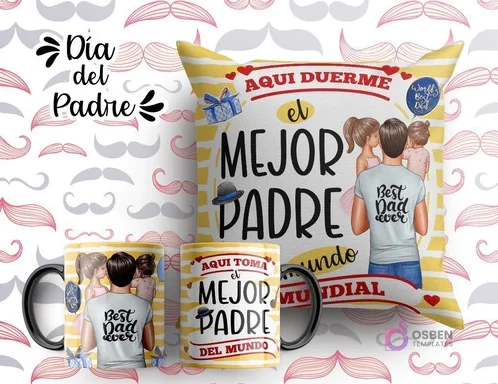 Plantilla sublimación cojín y tazas Día del Padre con ilustración de padre y dos hijas, frases 'Aquí duerme el mejor padre del mundo' / 'Aquí toma el mejor padre del mundo', fondo amarillo a rayas.