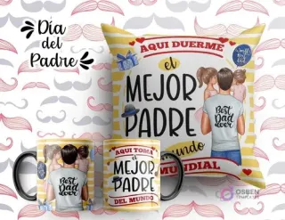 Plantilla sublimación cojín y tazas Día del Padre con ilustración de padre y dos hijas, frases 'Aquí duerme el mejor padre del mundo' / 'Aquí toma el mejor padre del mundo', fondo amarillo a rayas.