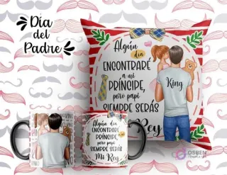Plantilla sublimación cojín y tazas Día del Padre con ilustración de padre con hija y osito, frase 'Algún día encontraré a mi príncipe, pero papi siempre serás mi Rey', fondo a cuadros rojos y blancos.