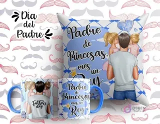 Plantilla sublimación cojín y tazas Día del Padre con ilustración de padre y dos hijas, frase 'Padre de Princesas, eres un Rey', fondo azul claro con patrón geométrico.